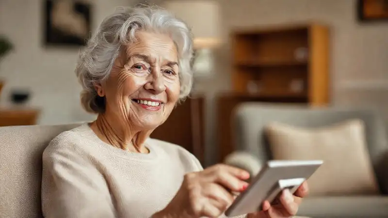 Mujer mayor amable usa tecnología tranquilizadora