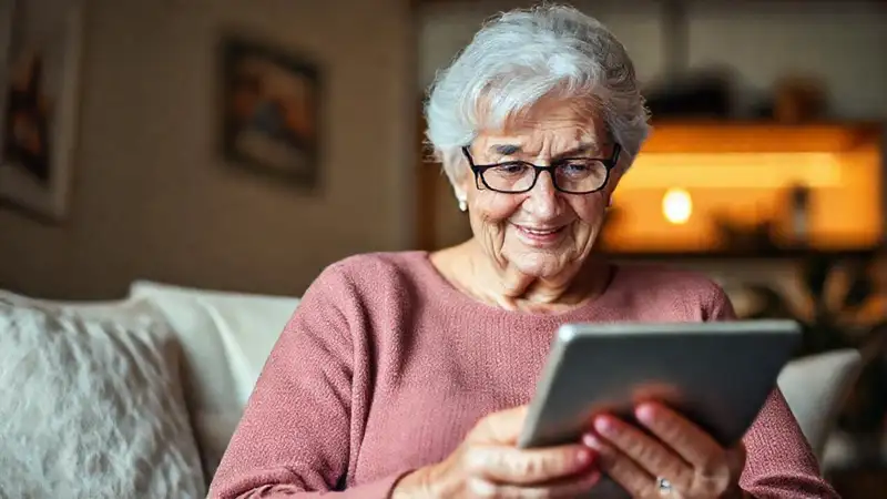 Una anciana segura navega digitalmente en casa