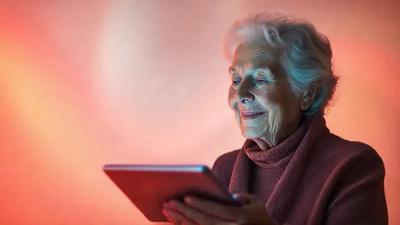Una anciana serena usa tablet futurista