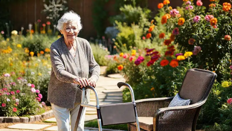 Una anciana sonríe en un jardín cálido