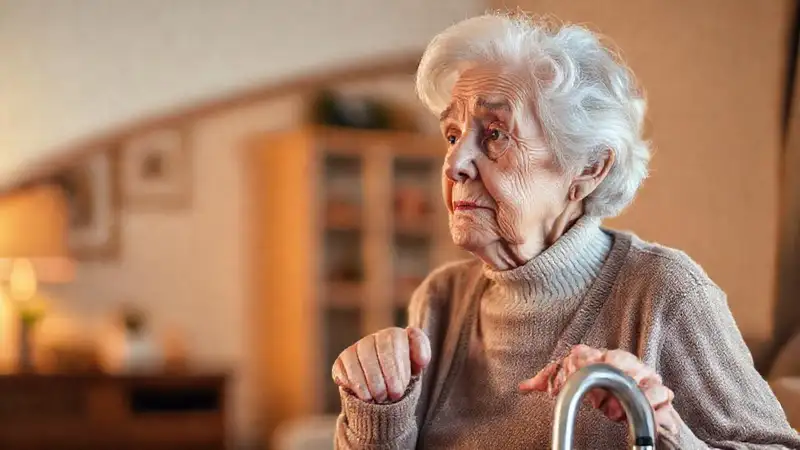 Una anciana reflexiva en su hogar