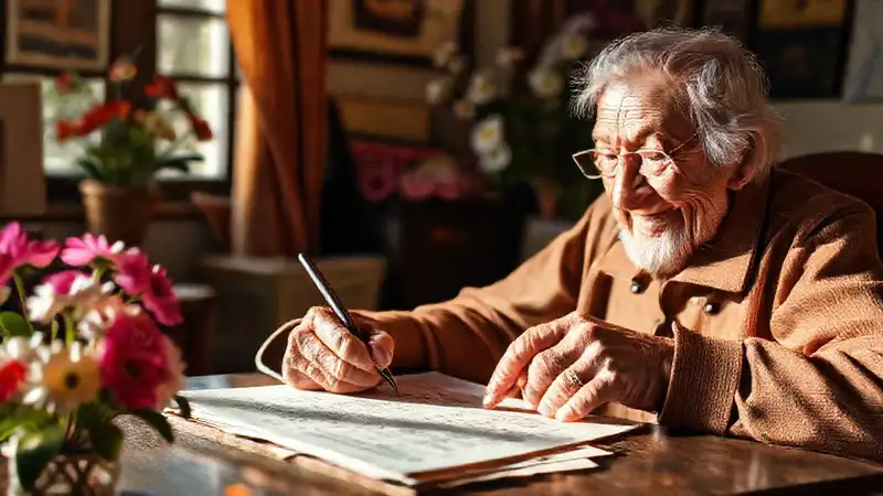 Manos viejas escriben con calma y creatividad