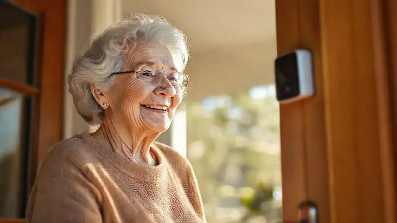 Una anciana sonríe ante su hogar seguro