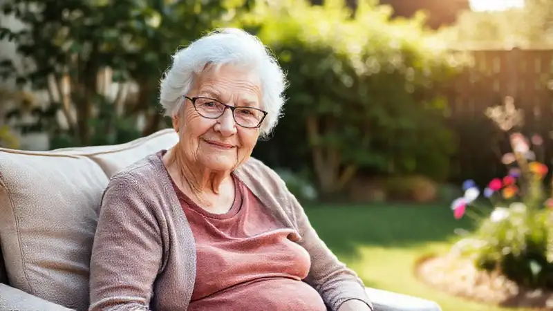 Una anciana relajada disfruta del jardín