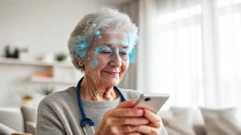 Una anciana disfruta de salud digital avanzada
