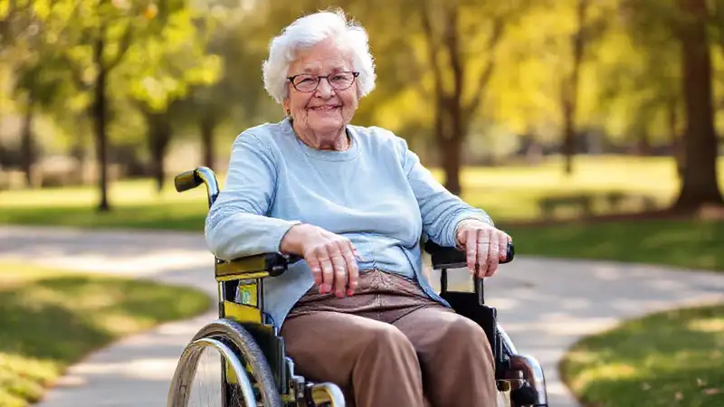 Una anciana amable se mueve con seguridad