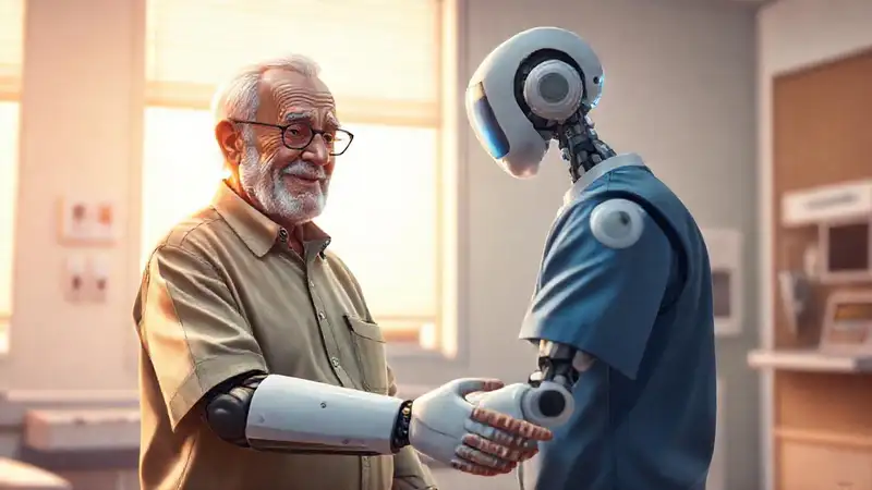 Un anciano examina a un niño con robot