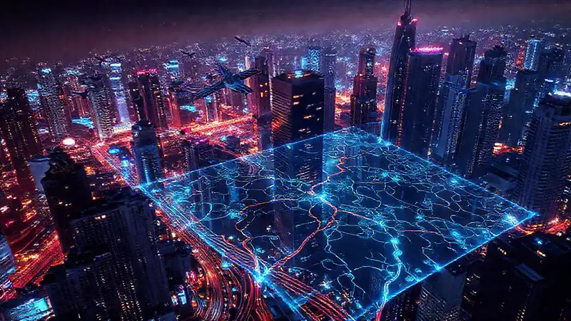 Ciudad futurista con navegación digital precisa
