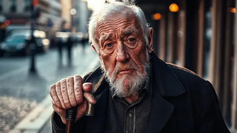 Un anciano reflexivo camina en la ciudad