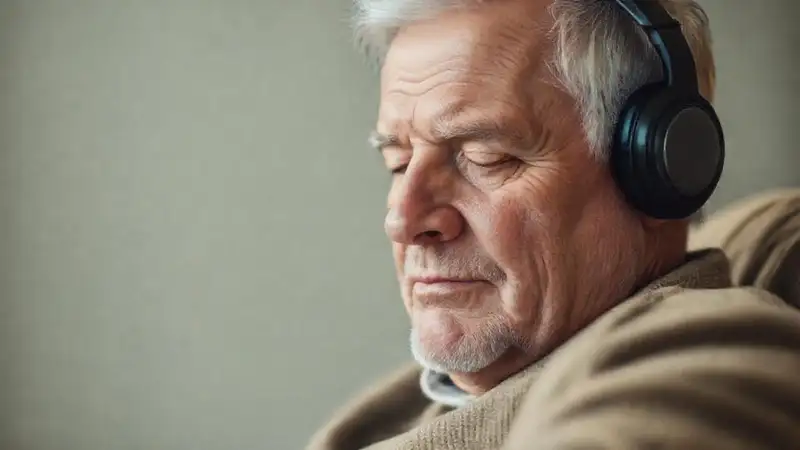 El anciano escucha cómodamente con auriculares