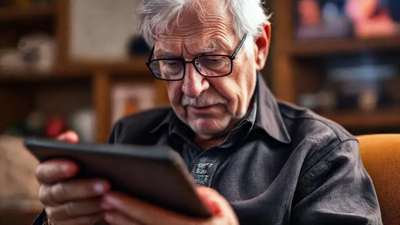 Un anciano usa tecnología para aprender