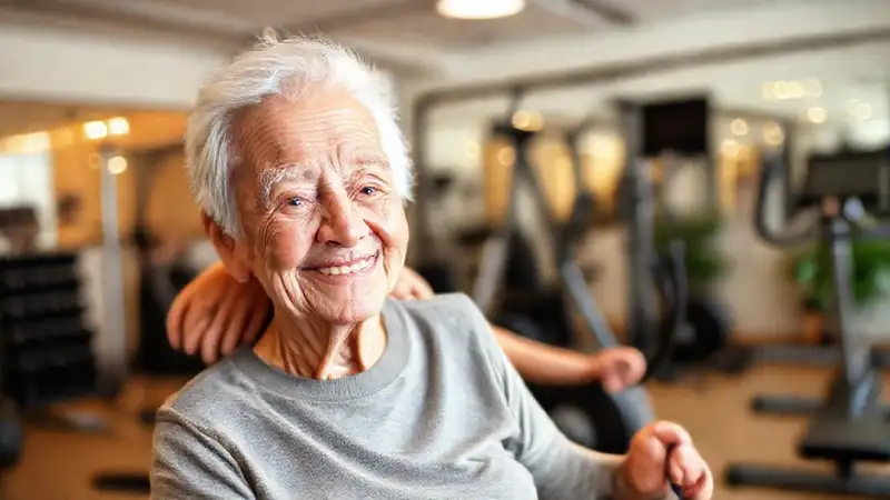 Un anciano sonríe en gimnasio seguro