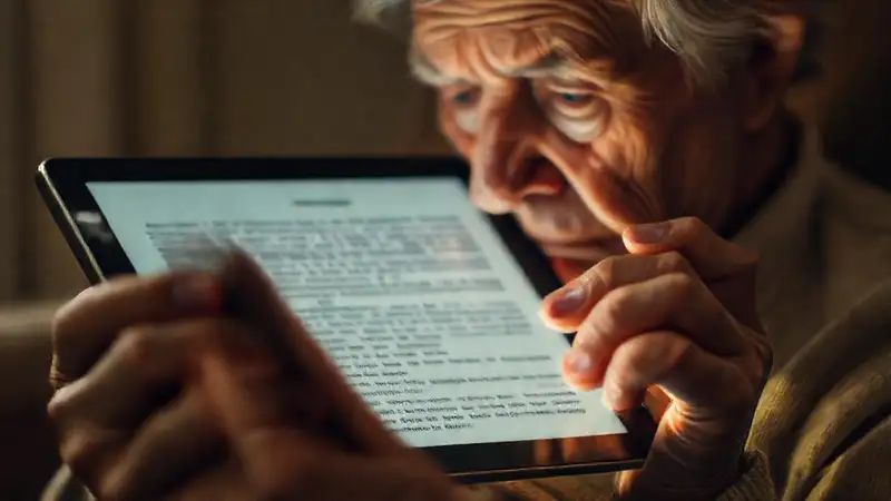 Un anciano lee confundido en la pantalla
