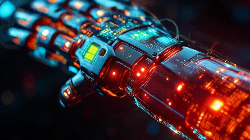 Un brazo protésico futurista brilla intensamente