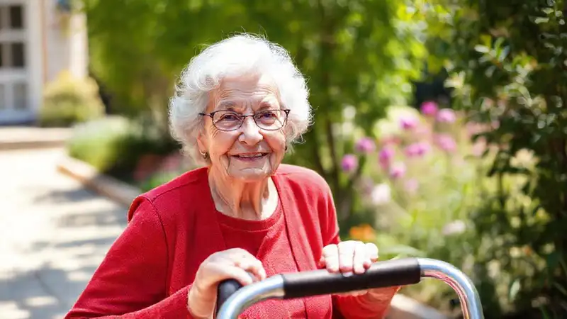 Abuela sonriente en jardín soleado