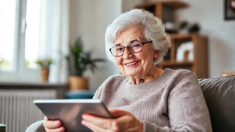 Una anciana conecta alegremente a través de video