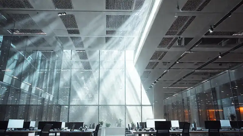 Oficina moderna, tecnología luminosa y minimalista