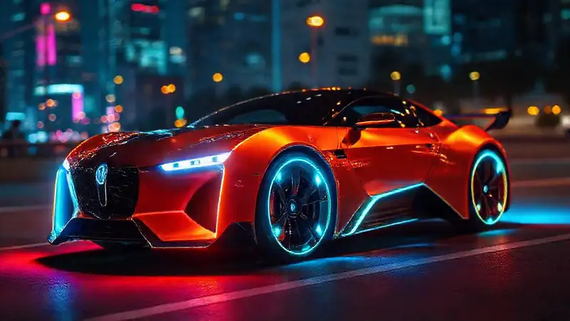 Coche futurista ilumina la noche urbana