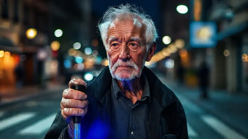 Un anciano usa el bastón con luz