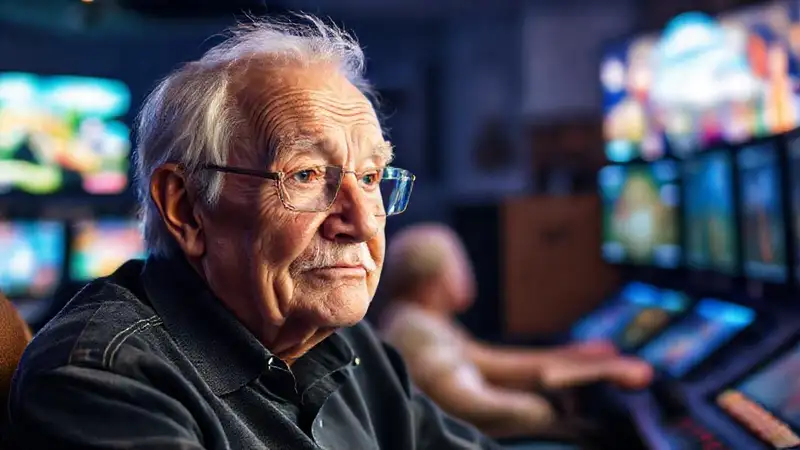 Un anciano disfruta juegos con apoyo familiar