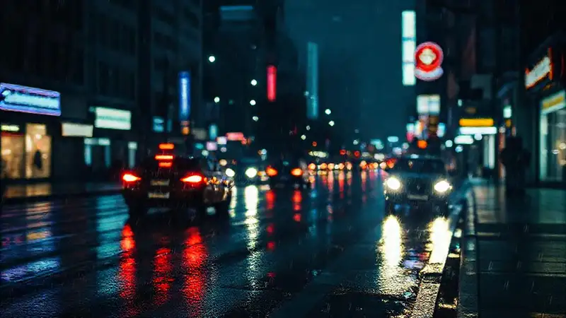 Calle oscura, lluvia, luces de coche brillantes