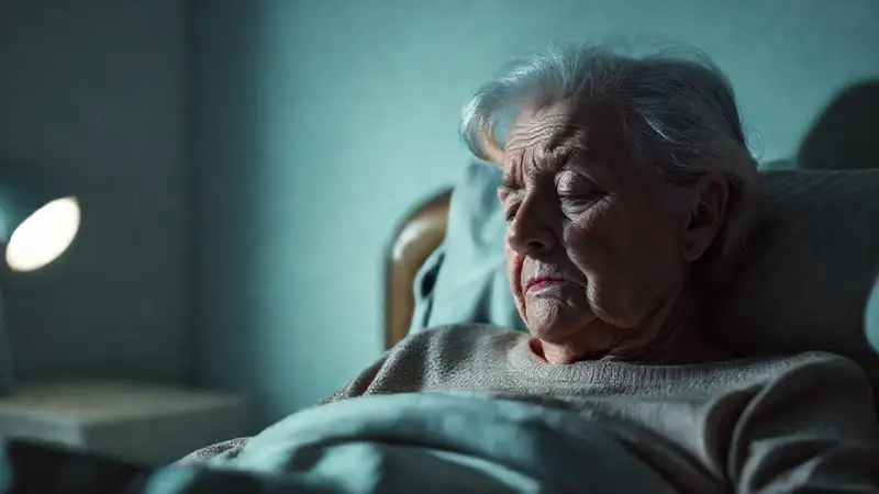 Una anciana duerme con preocupación en sombras