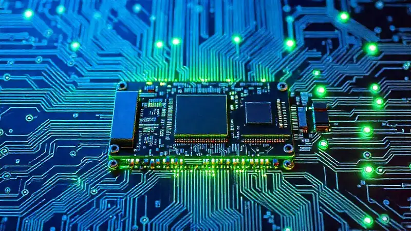 Placa de circuito integrada: tecnología azul y verde