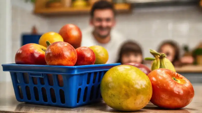 Fruta fresca ilumina una familia feliz