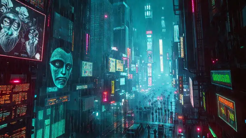 Ciudad cyberpunk futurista y sombría