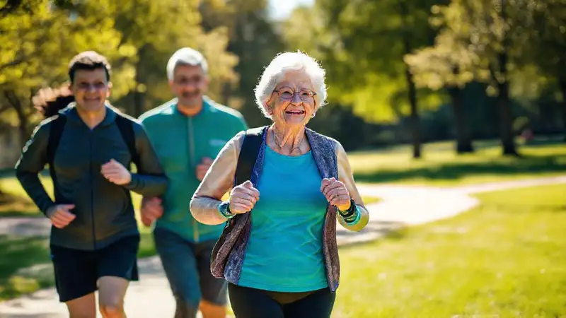 Una anciana corre feliz en el parque