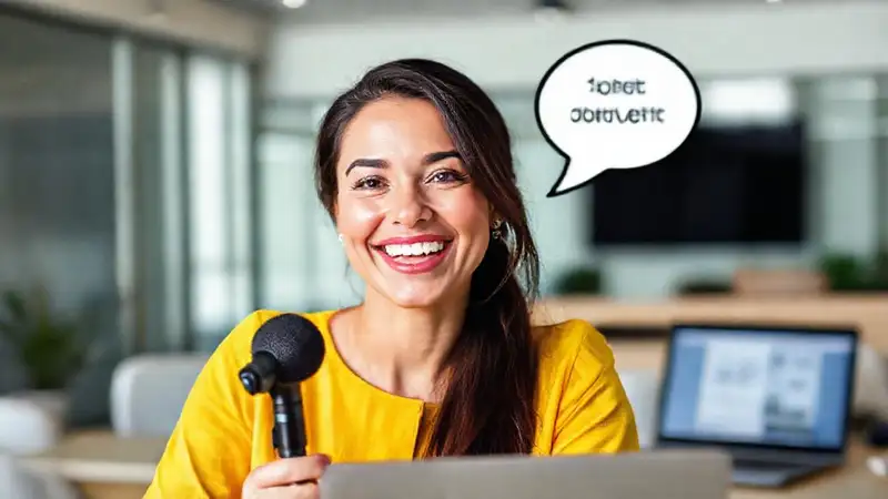 Mujer sonríe dando un discurso en oficina