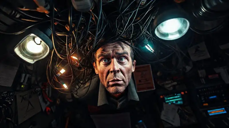 Un taller oscuro, cables enredados y urgencia