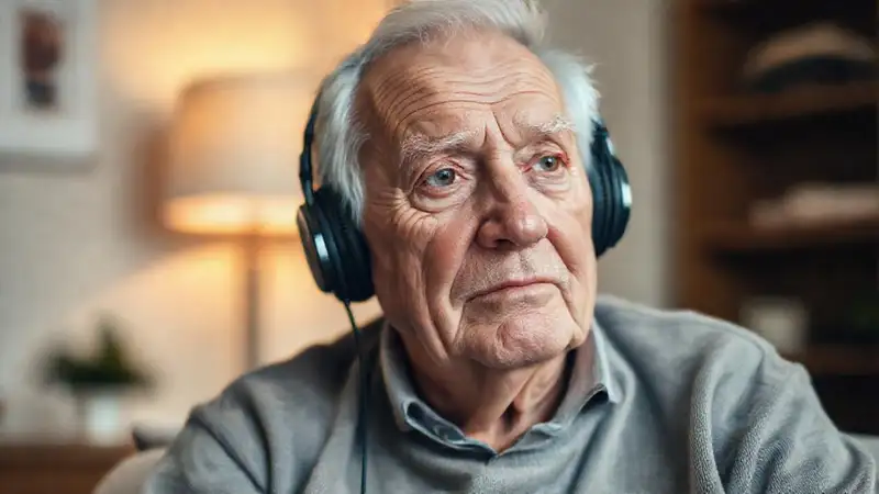Un anciano escucha con atención y confort