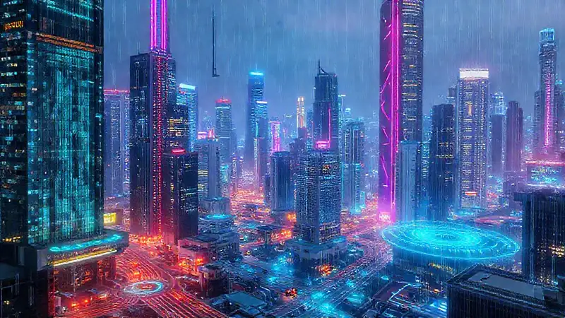 Ciudad futurista holográfica y brillante