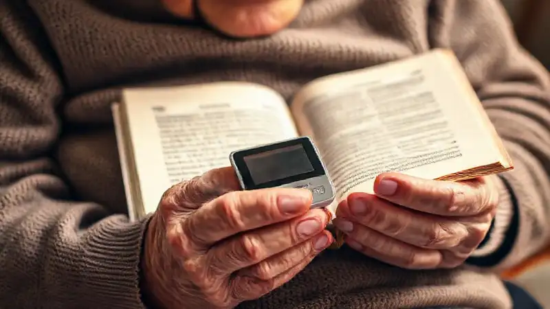 Una mano anciana lee con tecnología asistida