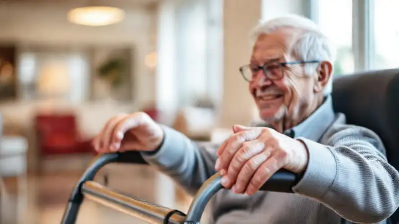 Un anciano sonríe en un entorno acogedor