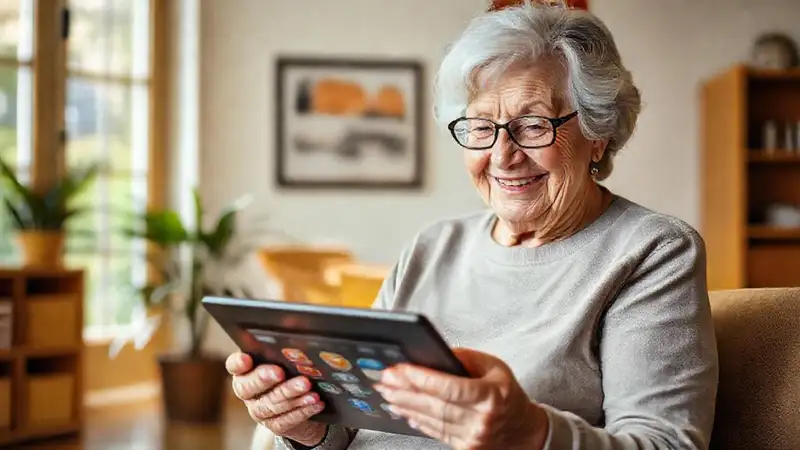 Una anciana aprende digitalmente con alegría