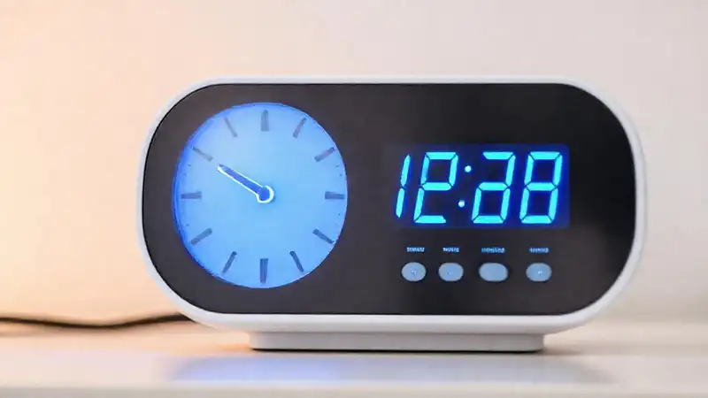 Reloj despertador digital, diseño minimalista, luz brillante