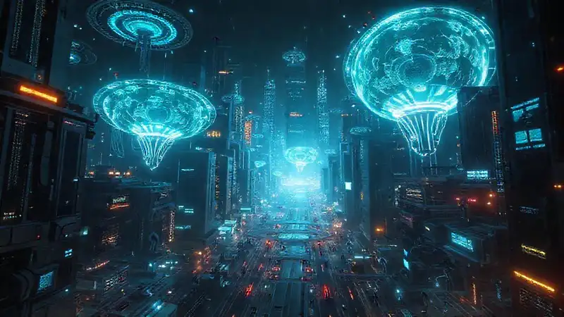 Ciudad futurista con tecnología omnipresente