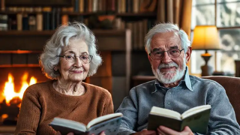 Un anciano abrazo cálido en la biblioteca