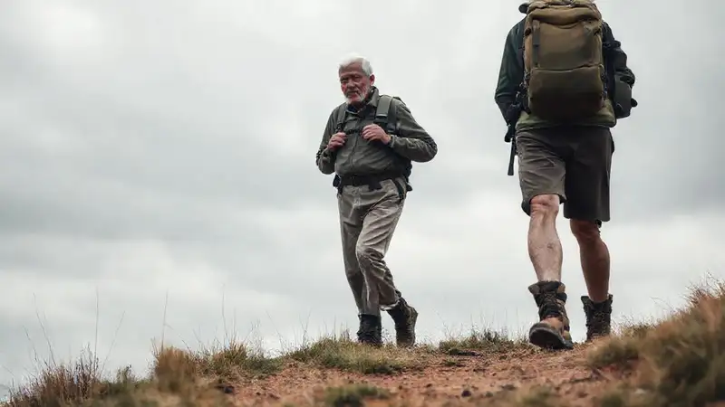 Un anciano camina sereno por el sendero