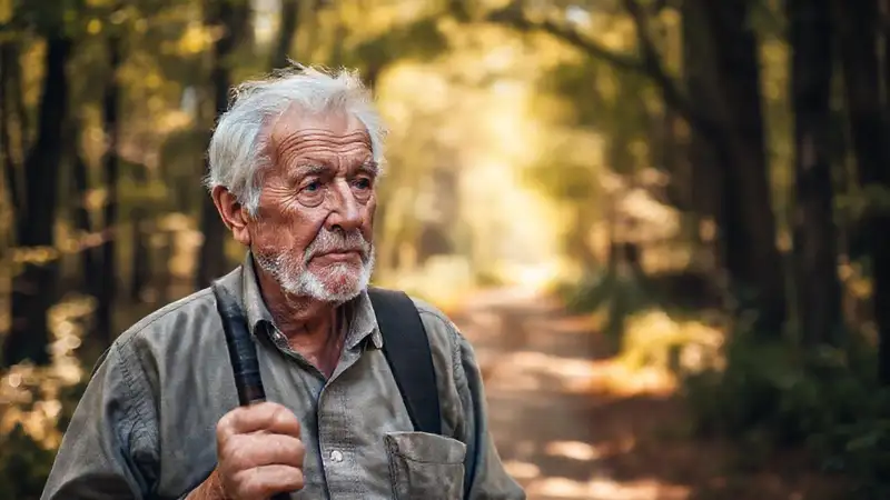 Un anciano reflexivo camina por el bosque