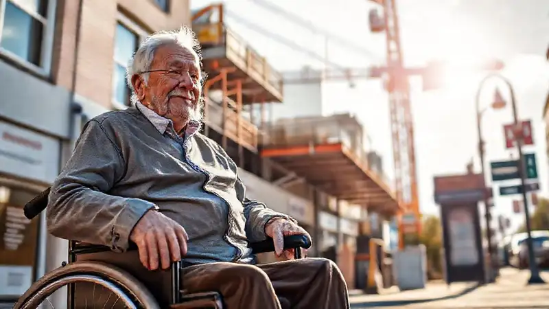Un anciano en silla de ruedas encuentra ayuda urbana