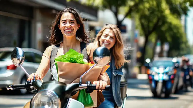 Mujer sonriente lleva la compra en bici