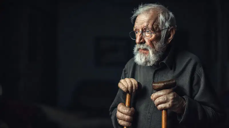 Un anciano reflexivo se apoya en bastón