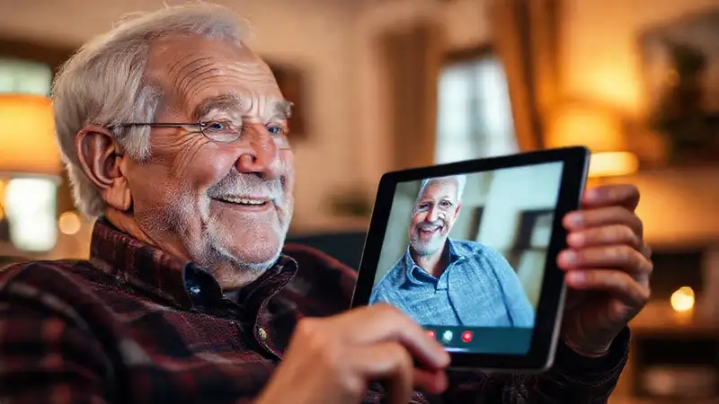 Un anciano sonríe en videollamada feliz