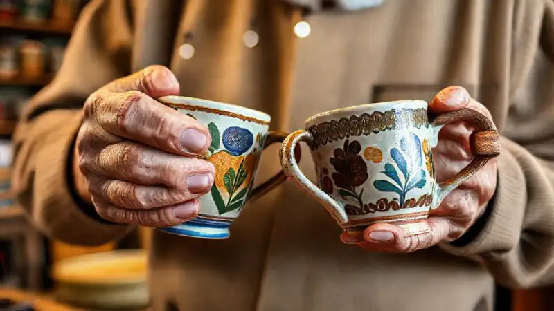 Manos viejas crean tazas cerámicas alegres
