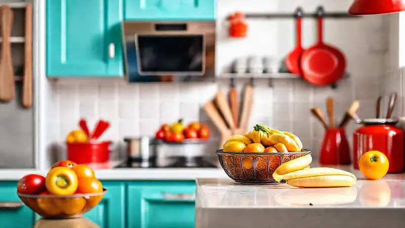 Cocina brillante y atractiva, enfocada en productos
