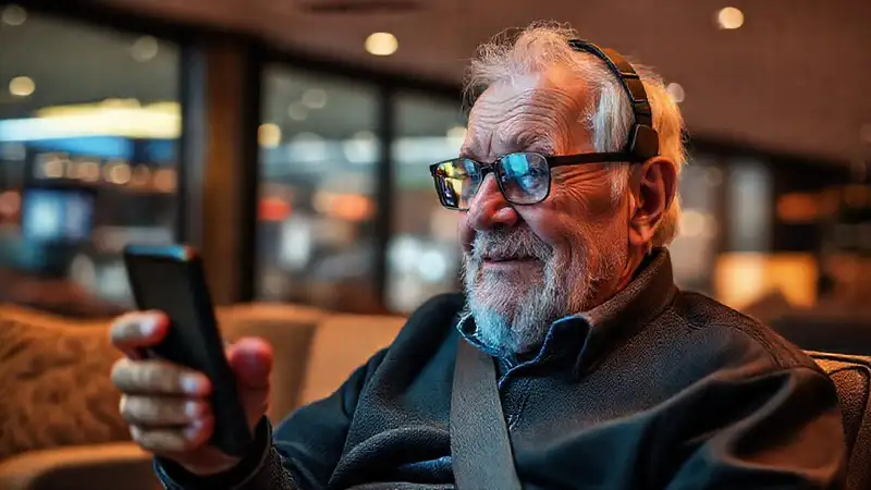 Un anciano disfruta de tecnología asistencial moderna