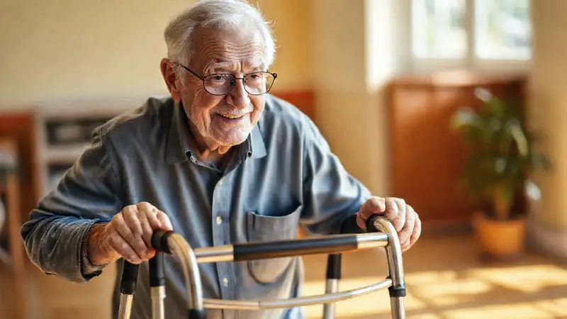 Un anciano confiado camina en calma